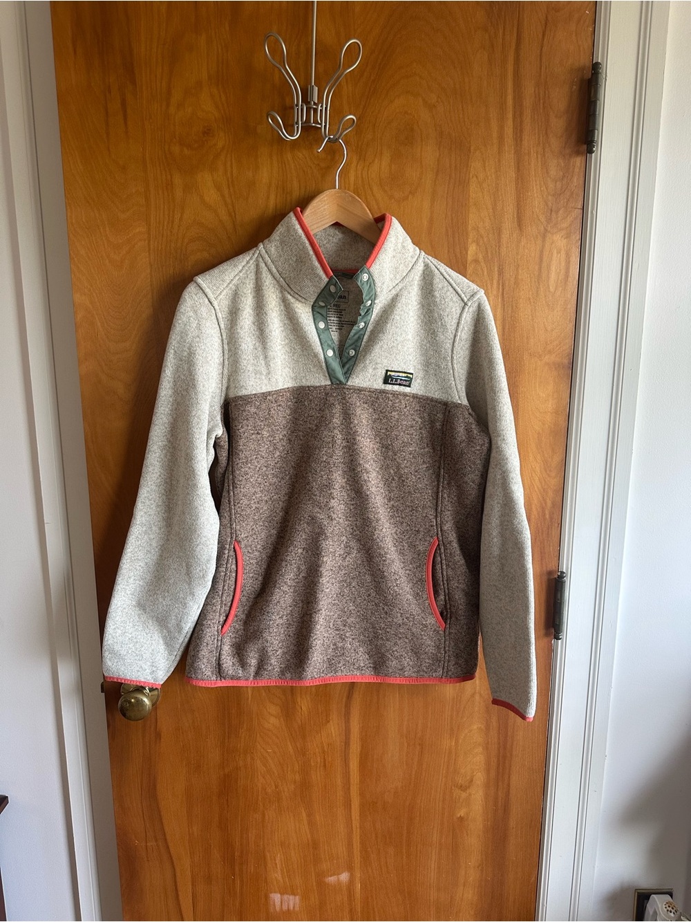 L.L. Bean Two-Tone Fleece Snap Pullover - Cream & Brown with Coral Trim